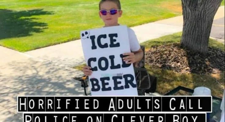 Police are called to the child selling “Ice Cold Beer,” but they are amused by his ingenious sign.